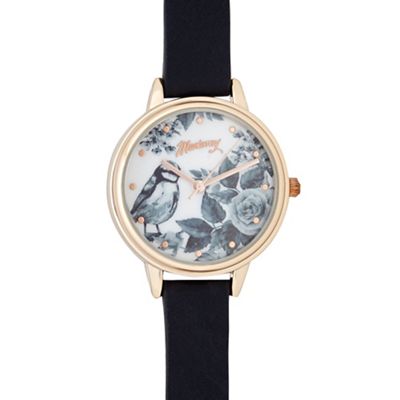 Ladies navy blue floral bird dial watch